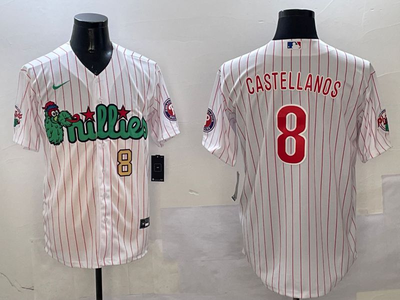 Men Philadelphia Phillies #8 Castellanos White Stripe Three generations Joint Name Game 2025 Nike MLB Jersey style 2->philadelphia phillies->MLB Jersey